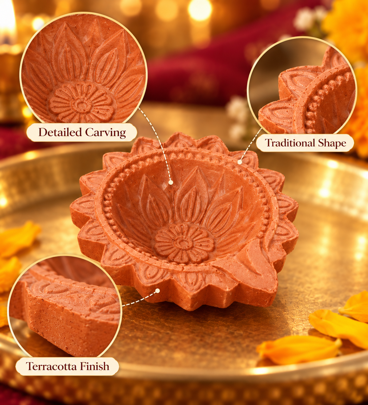 Terracotta Clay Diya for Diwali Decoration - Pack of 6, Traditional Handmade Earthen Oil Lamps for Festive Home Decor