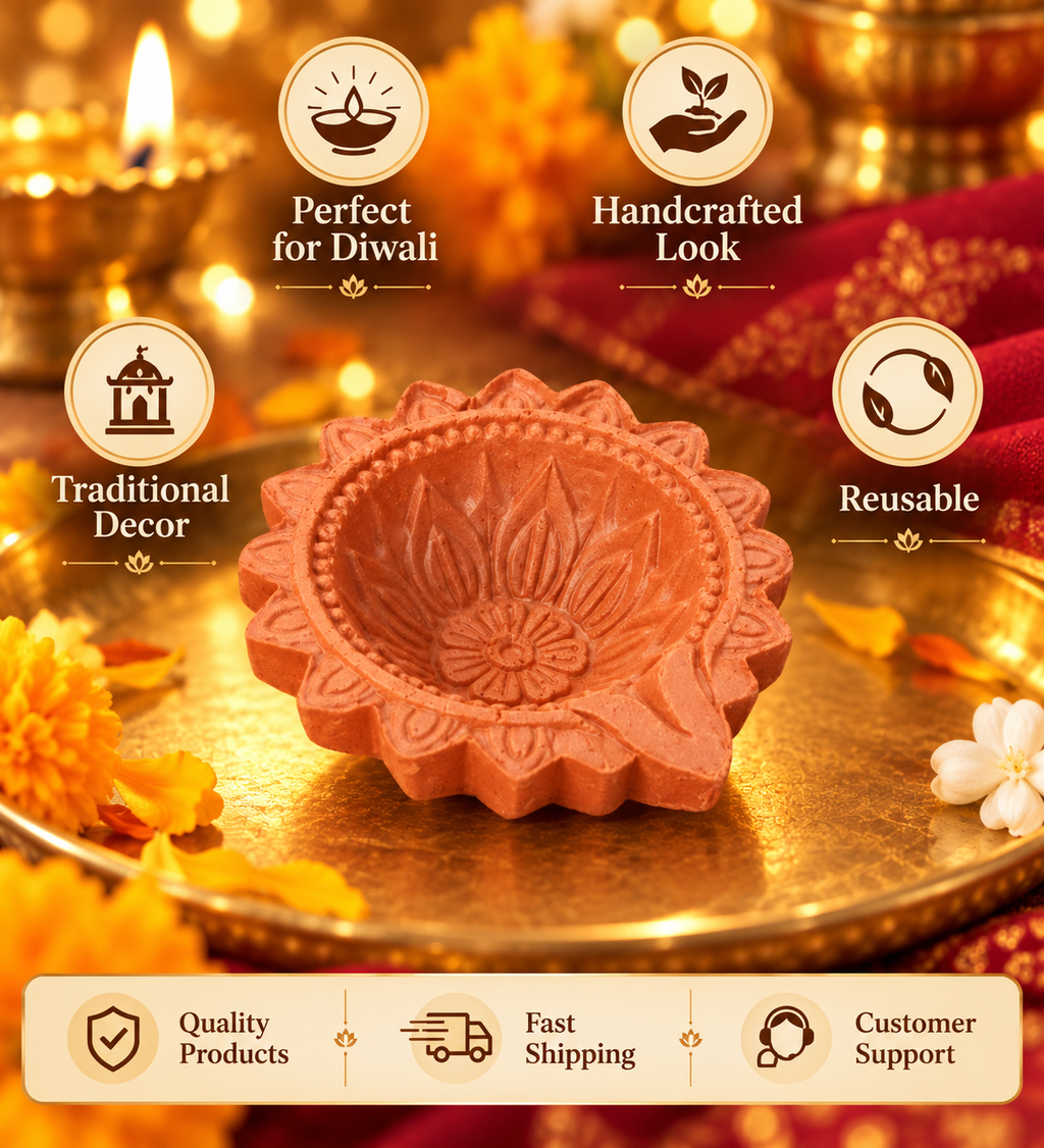 Terracotta Clay Diya for Diwali Decoration - Pack of 6, Traditional Handmade Earthen Oil Lamps for Festive Home Decor