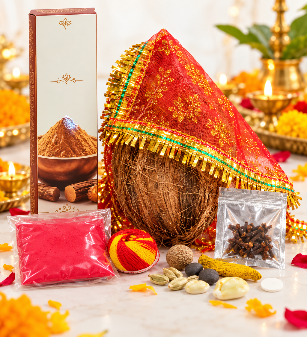 Complete Diwali Pooja Kit - Ready-to-Use Festive Essentials Box with Coconut, Roli, Red Cloth, Mouli & Pooja Samagri for Home & Gifting