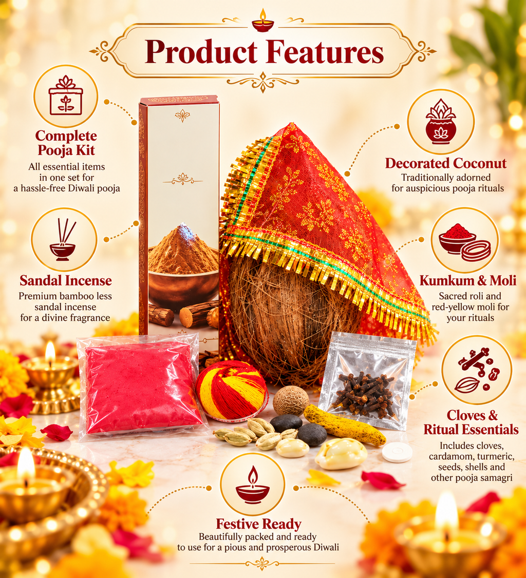 Complete Diwali Pooja Kit - Ready-to-Use Festive Essentials Box with Coconut, Roli, Red Cloth, Mouli & Pooja Samagri for Home & Gifting