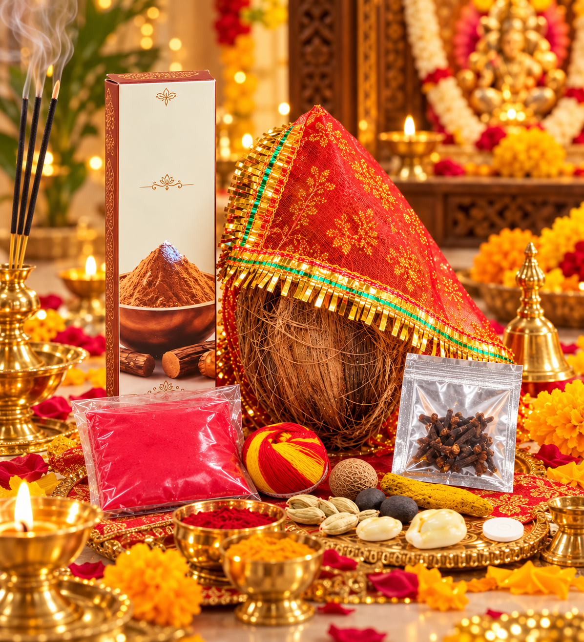 Complete Diwali Pooja Kit - Ready-to-Use Festive Essentials Box with Coconut, Roli, Red Cloth, Mouli & Pooja Samagri for Home & Gifting
