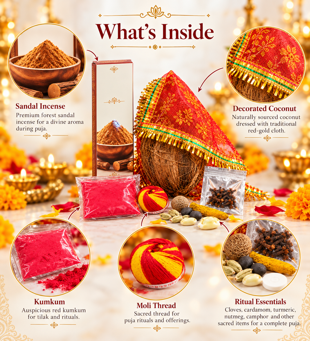 Complete Diwali Pooja Kit - Ready-to-Use Festive Essentials Box with Coconut, Roli, Red Cloth, Mouli & Pooja Samagri for Home & Gifting