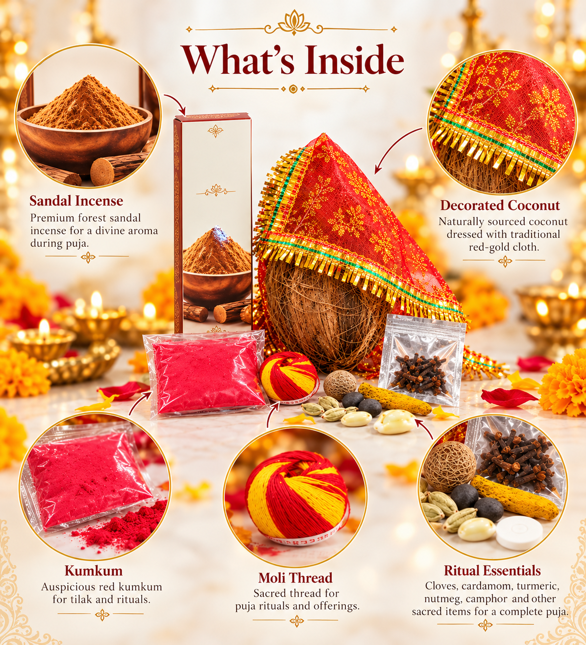Complete Diwali Pooja Kit - Ready-to-Use Festive Essentials Box with Coconut, Roli, Red Cloth, Mouli & Pooja Samagri for Home & Gifting