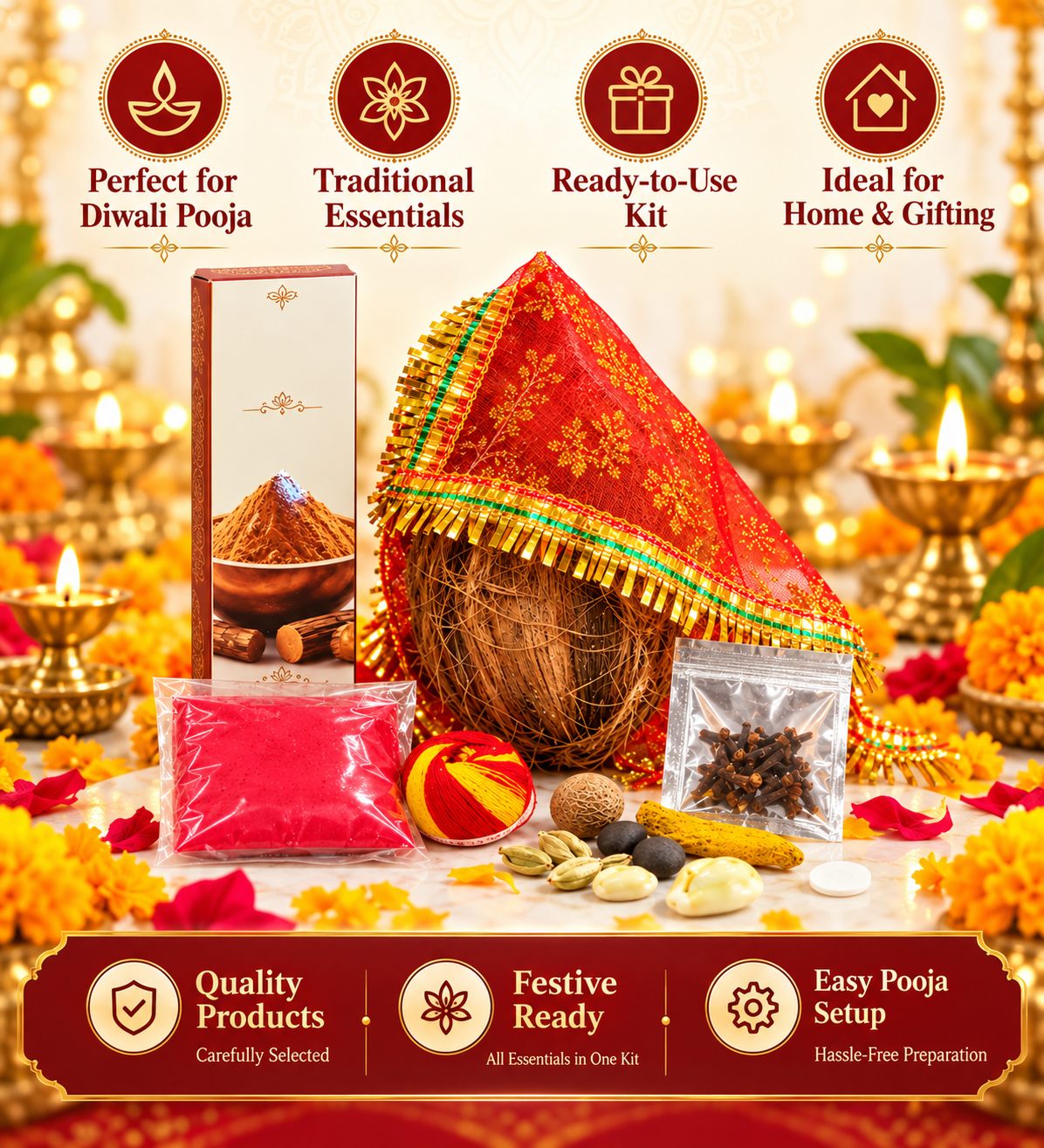 Complete Diwali Pooja Kit - Ready-to-Use Festive Essentials Box with Coconut, Roli, Red Cloth, Mouli & Pooja Samagri for Home & Gifting
