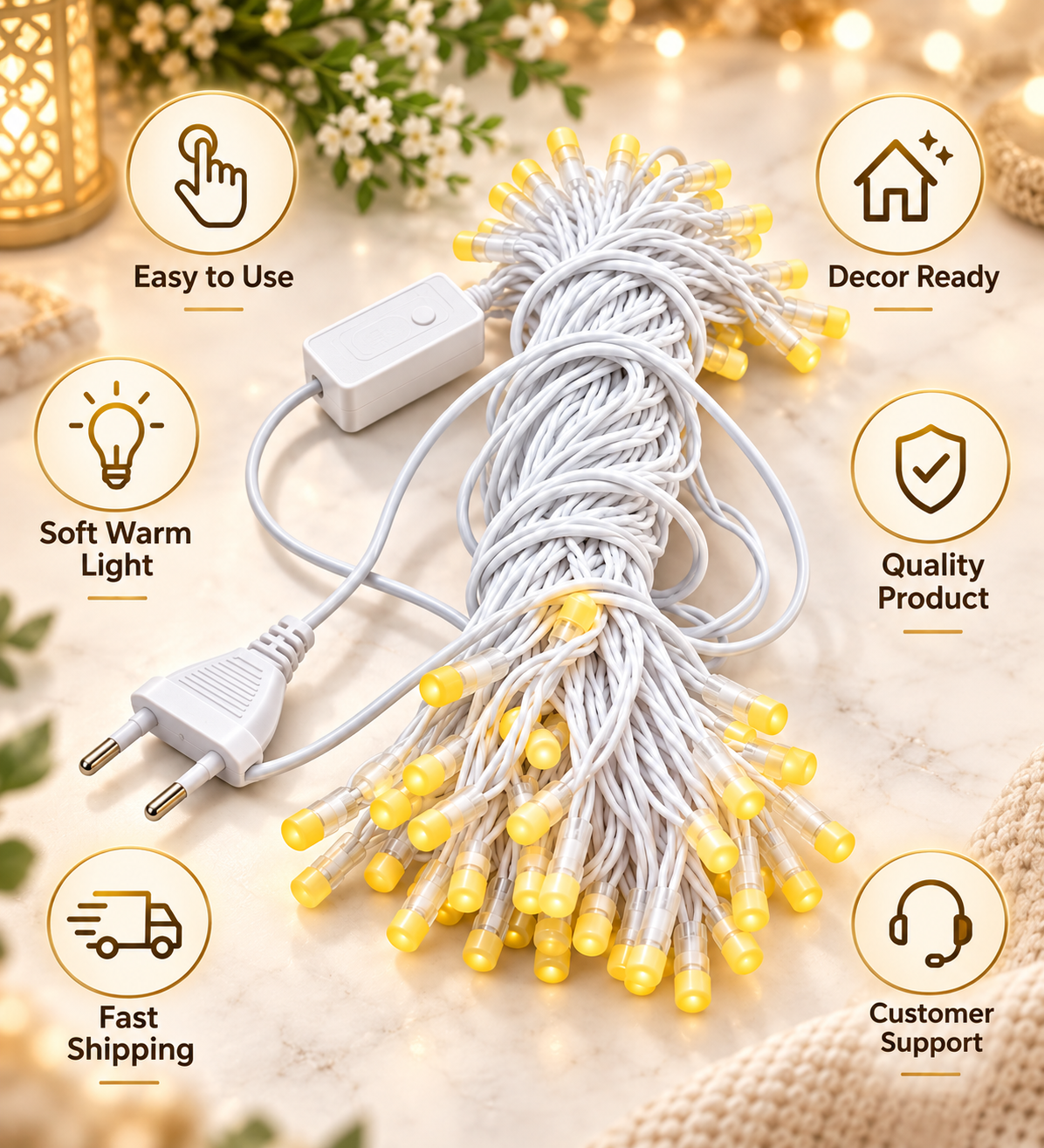 DZK 12 Meter (40 Feet) 72 LED Warm White LED String Light