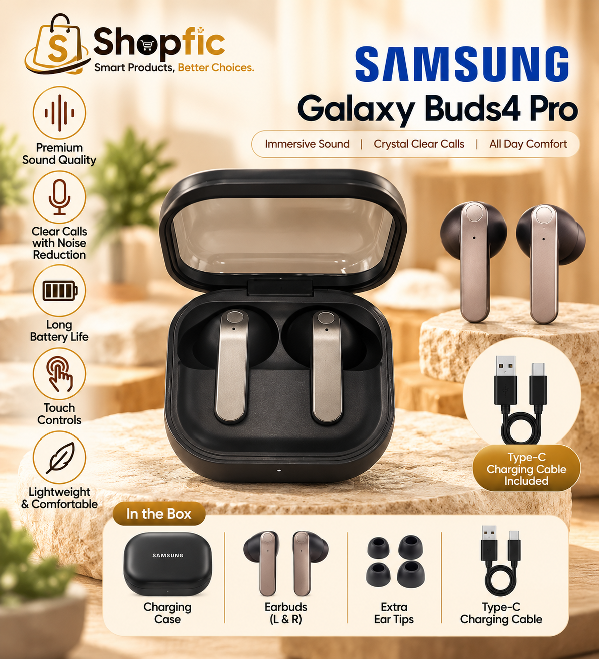 Premium Wireless Bluetooth Earbuds with Noise Cancellation, Touch Control & Charging Case | TWS Earphones for Music & Clear Calling