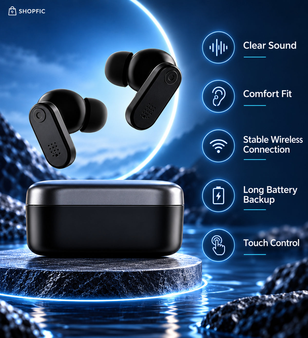 True Wireless Bluetooth Earbuds with Charging Case | Touch Control, Clear Sound & Comfortable Fit – Black