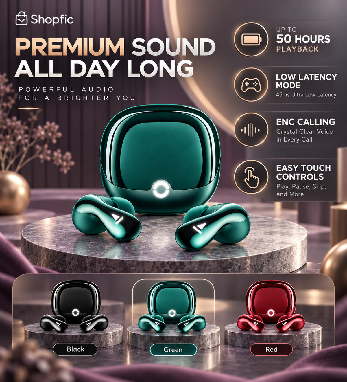 Premium True Wireless Bluetooth Earbuds with Charging Case | 50 Hours Playback, ENC Calling, Low Latency & Touch Controls