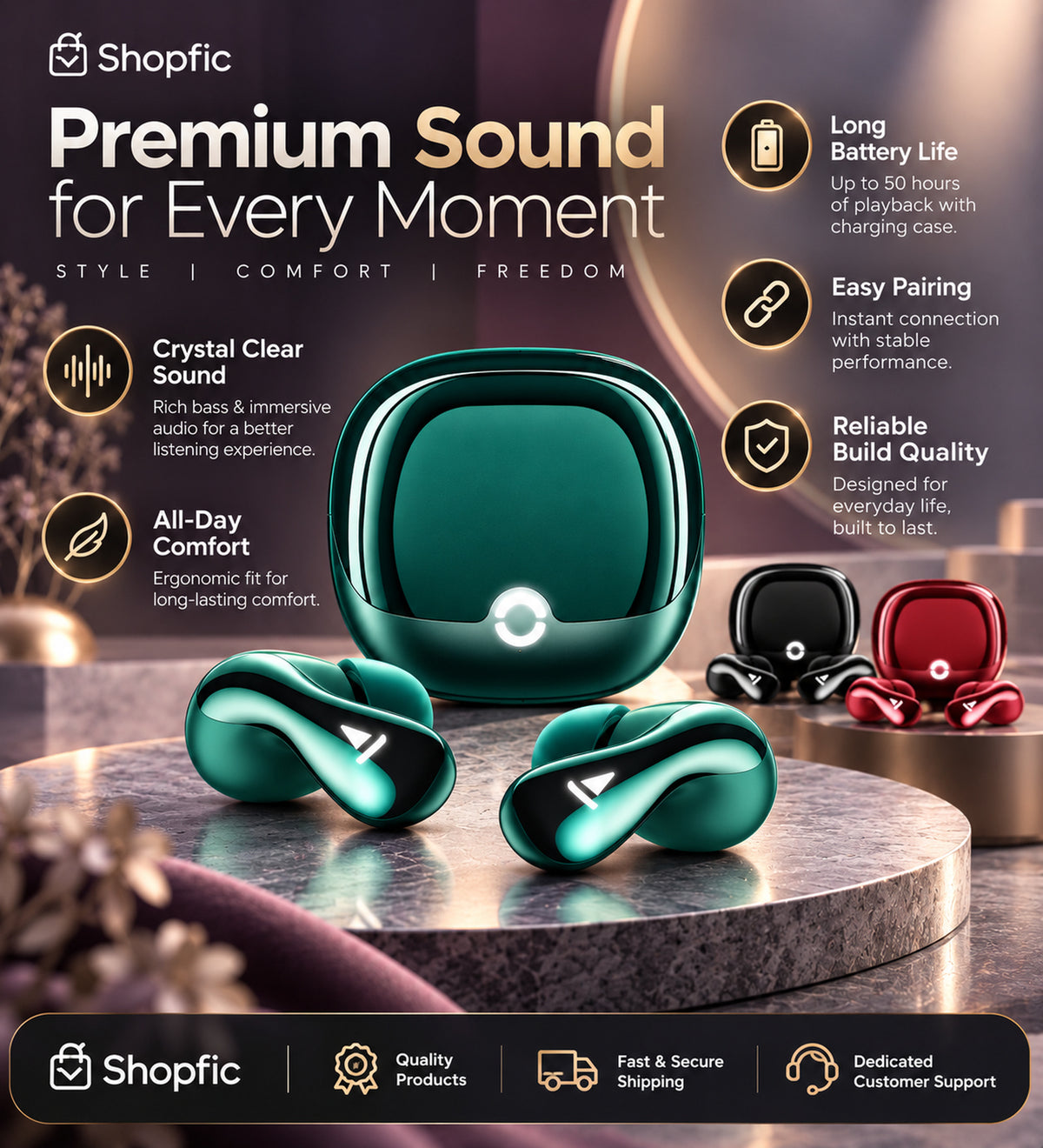 Premium True Wireless Bluetooth Earbuds with Charging Case | 50 Hours Playback, ENC Calling, Low Latency & Touch Controls