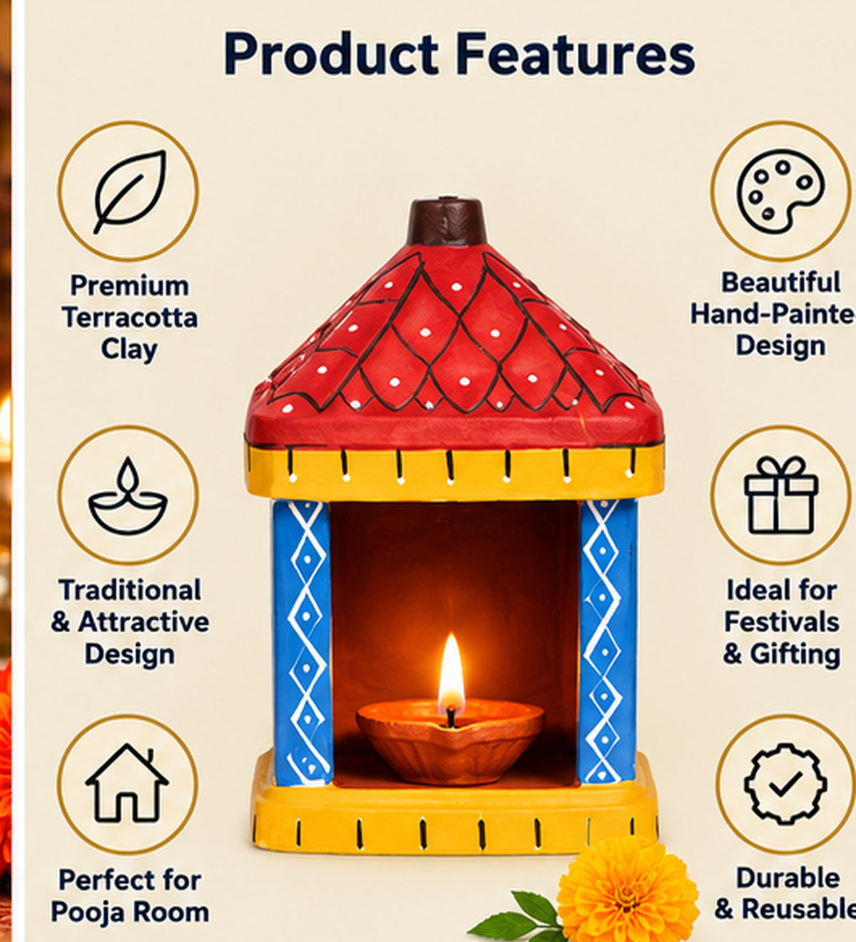 Handcrafted Terracotta Designer Mandir Diya Holder | Decorative Clay Pooja Lantern for Diwali, Home Decor & Gifting