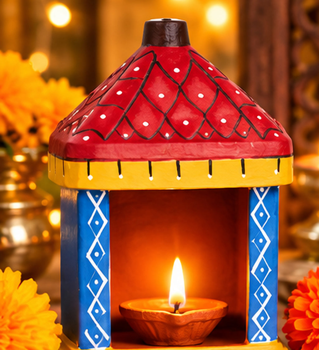 Handcrafted Terracotta Designer Mandir Diya Holder | Decorative Clay Pooja Lantern for Diwali, Home Decor & Gifting