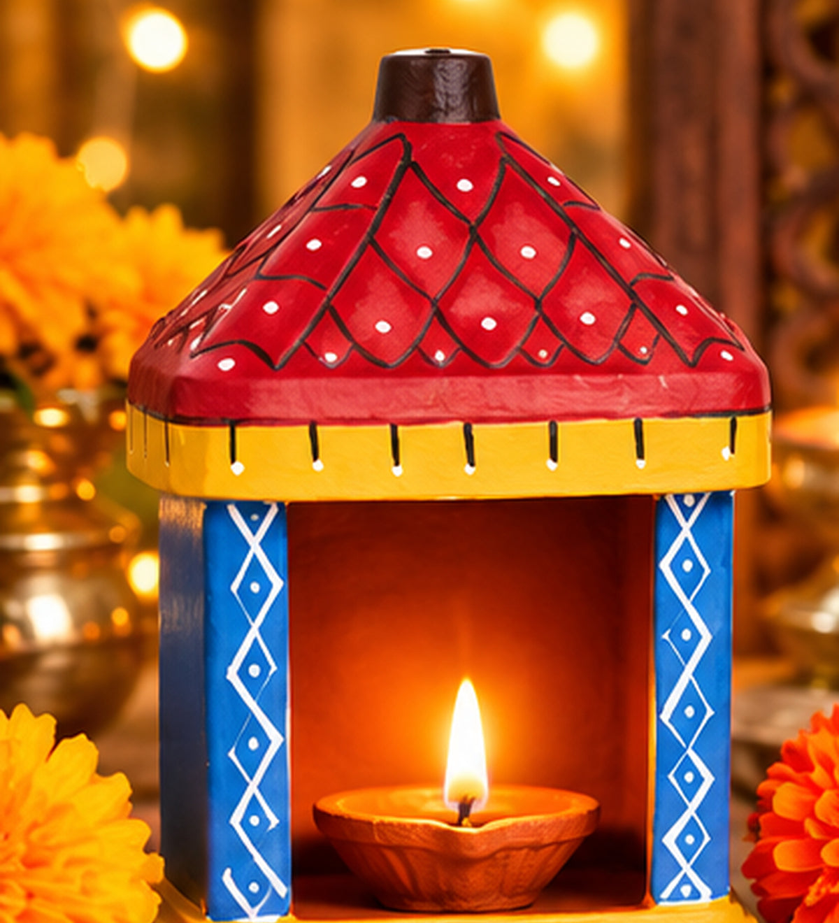Handcrafted Terracotta Designer Mandir Diya Holder | Decorative Clay Pooja Lantern for Diwali, Home Decor & Gifting