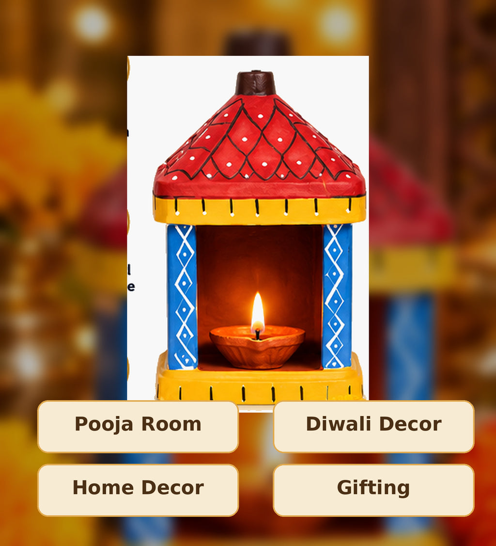 Handcrafted Terracotta Designer Mandir Diya Holder | Decorative Clay Pooja Lantern for Diwali, Home Decor & Gifting