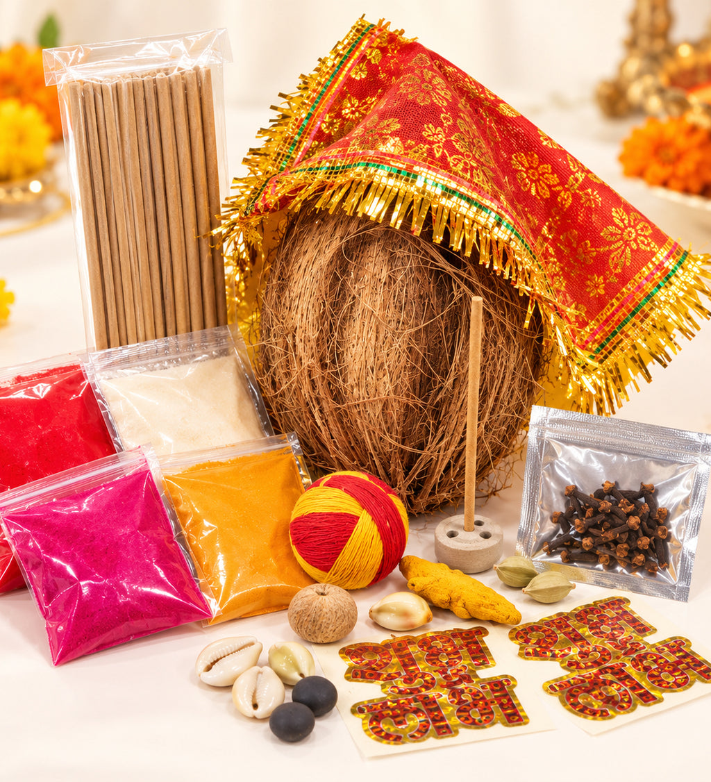 Complete Diwali Pooja Kit with Decorated Coconut, Incense Sticks, Kumkum, Moli, Cloves, Pooja Samagri & Shubh Labh Stickers | Festive Puja Essentials Set