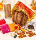 Complete Diwali Pooja Kit with Decorated Coconut, Incense Sticks, Kumkum, Moli, Cloves, Pooja Samagri & Shubh Labh Stickers | Festive Puja Essentials Set