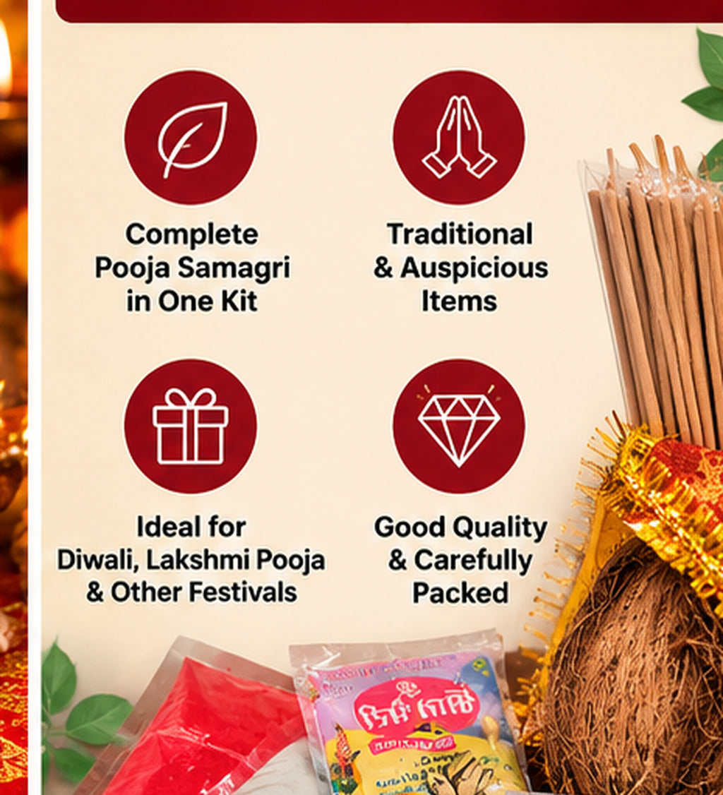 Complete Diwali Pooja Kit with Decorated Coconut, Incense Sticks, Kumkum, Moli, Cloves, Pooja Samagri & Shubh Labh Stickers | Festive Puja Essentials Set