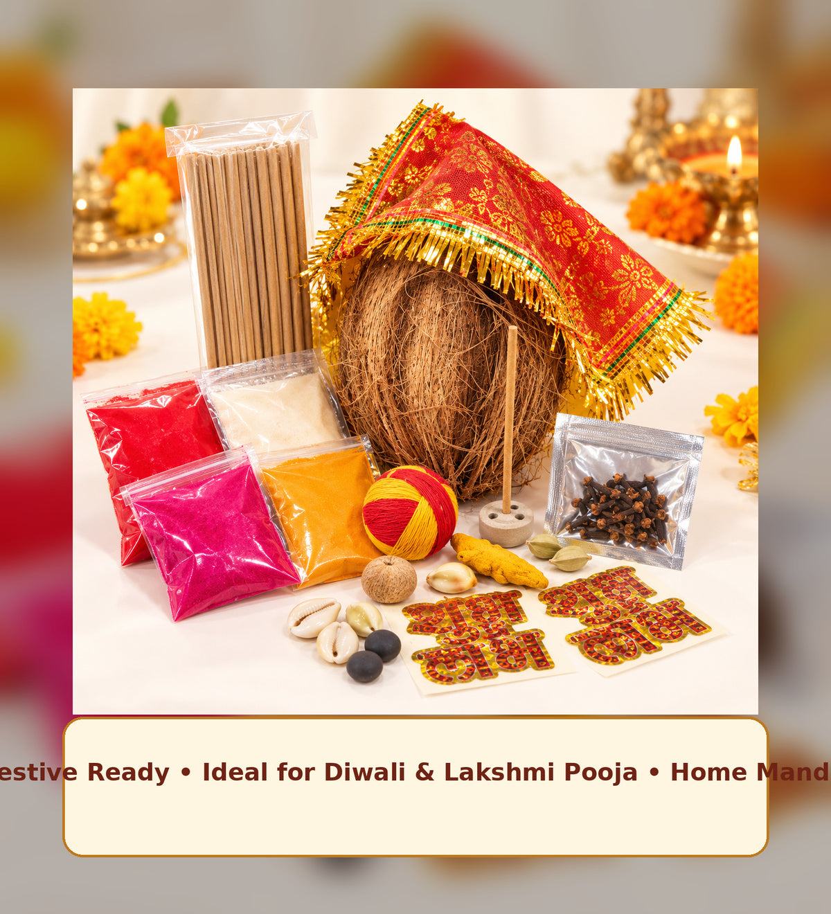Complete Diwali Pooja Kit with Decorated Coconut, Incense Sticks, Kumkum, Moli, Cloves, Pooja Samagri & Shubh Labh Stickers | Festive Puja Essentials Set