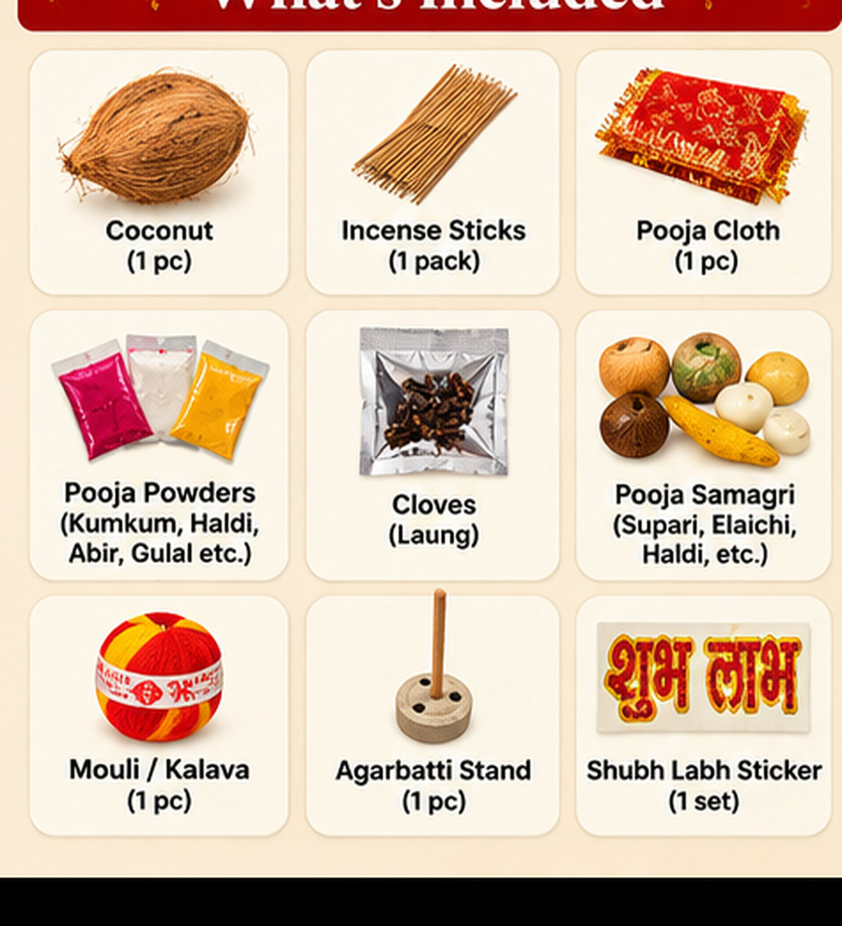 Complete Diwali Pooja Kit with Decorated Coconut, Incense Sticks, Kumkum, Moli, Cloves, Pooja Samagri & Shubh Labh Stickers | Festive Puja Essentials Set