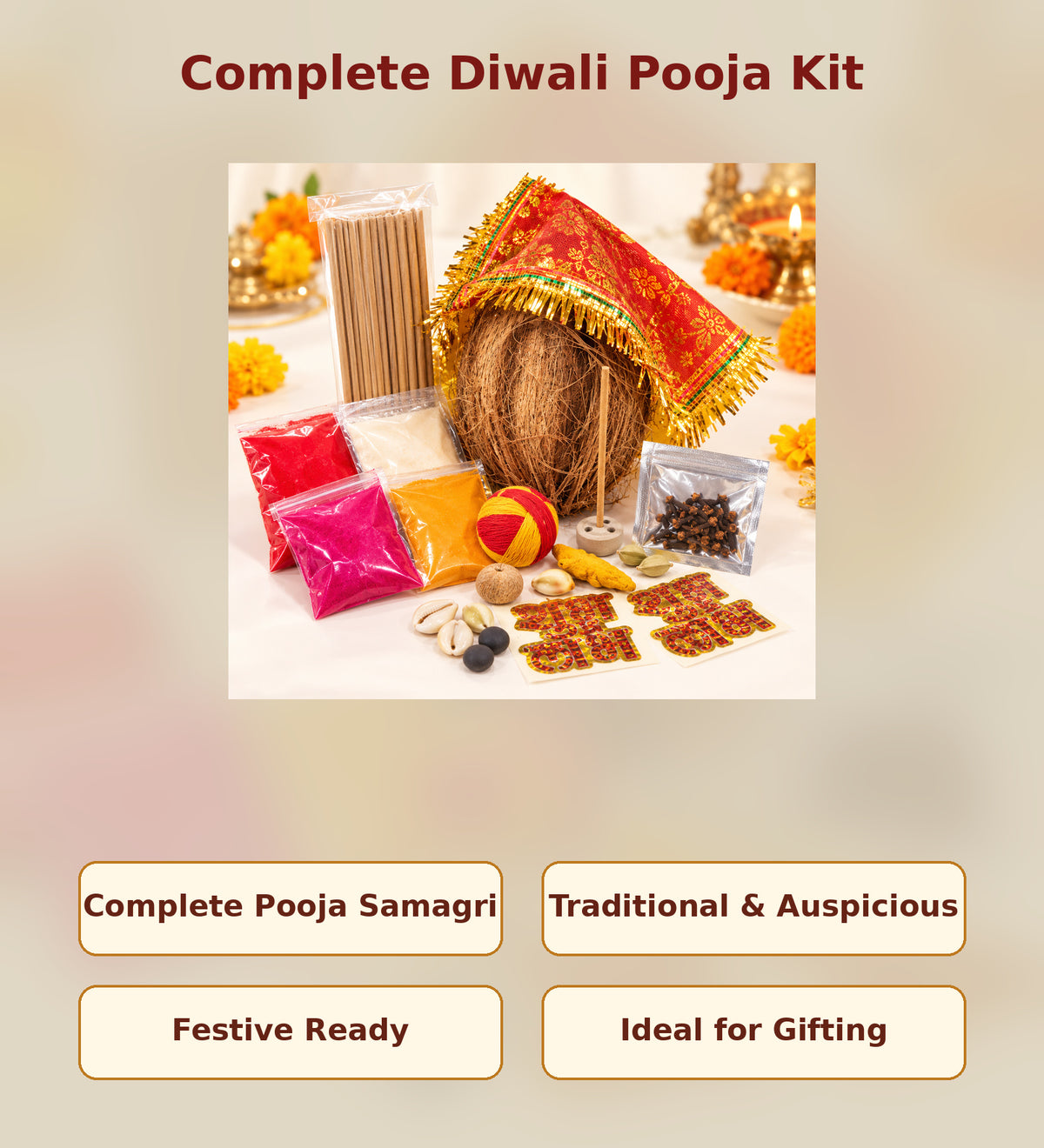 Complete Diwali Pooja Kit with Decorated Coconut, Incense Sticks, Kumkum, Moli, Cloves, Pooja Samagri & Shubh Labh Stickers | Festive Puja Essentials Set