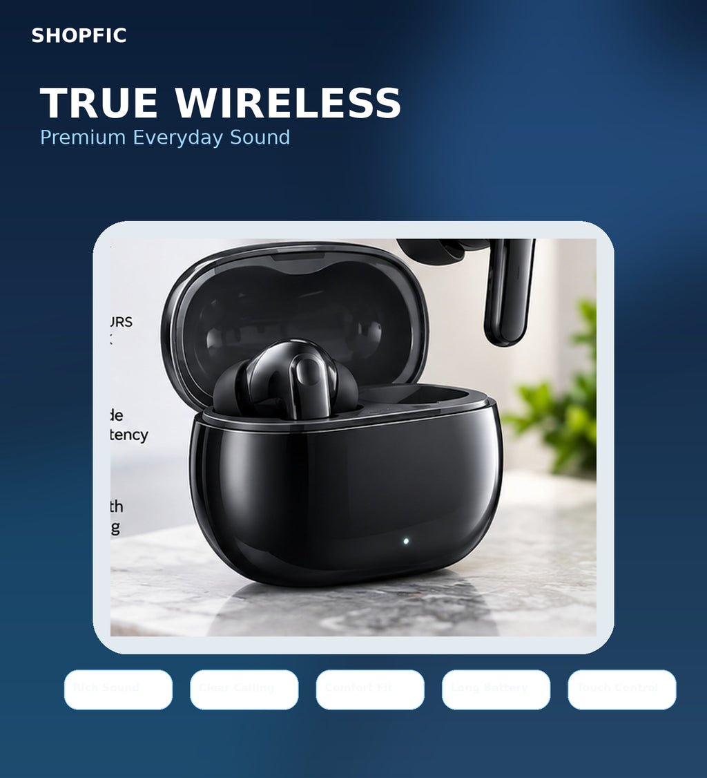 True Wireless Bluetooth Earbuds with Premium Sound, Clear Calling, Touch Control & Charging Case