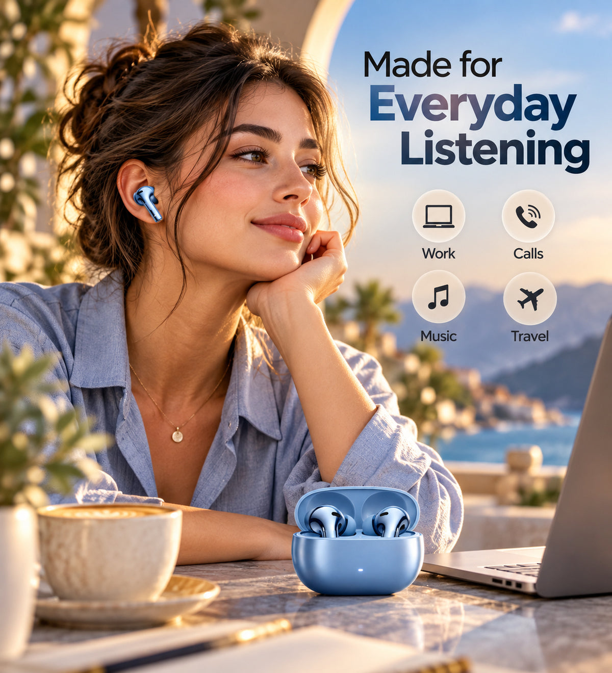 Premium True Wireless Bluetooth Earbuds with Charging Case | Hi-Res Audio, Touch Control, Stable Connection & Long Battery Life – Blue
