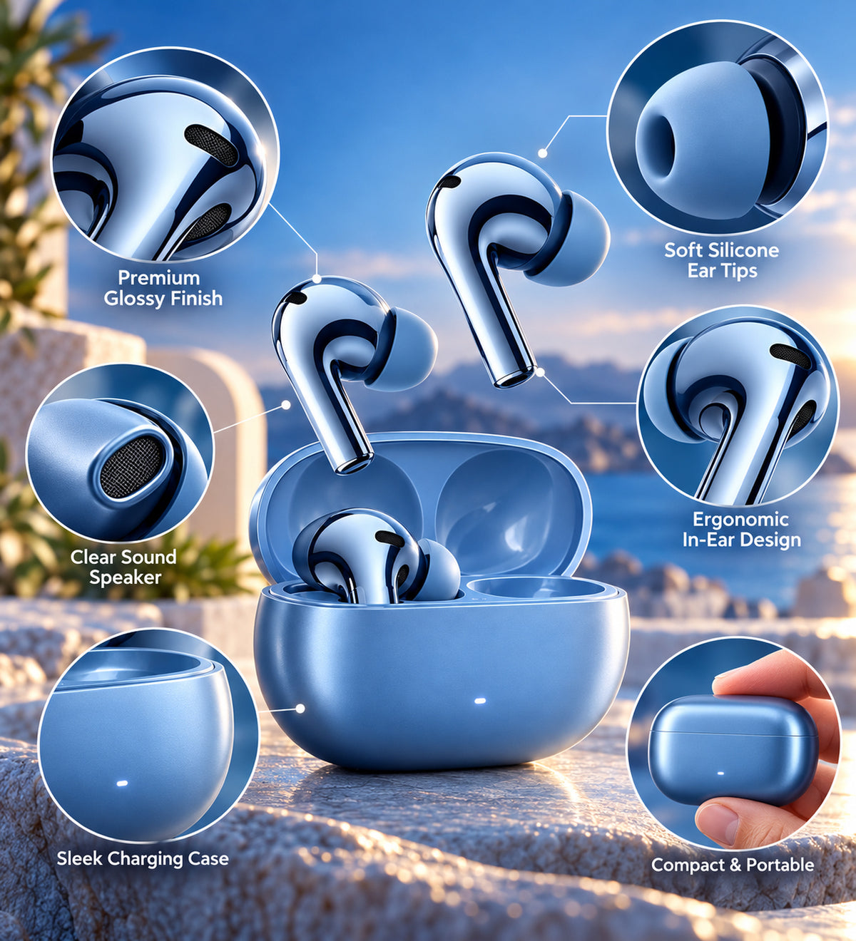 Premium True Wireless Bluetooth Earbuds with Charging Case | Hi-Res Audio, Touch Control, Stable Connection & Long Battery Life – Blue