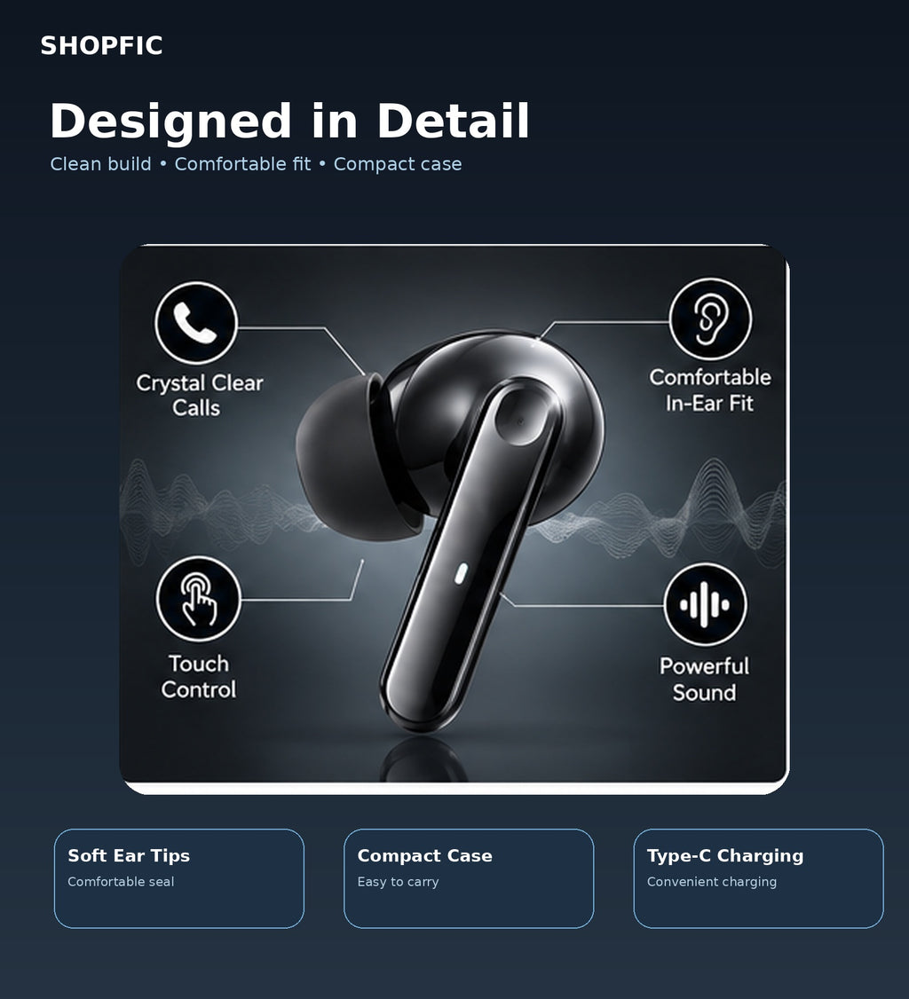 True Wireless Bluetooth Earbuds with Premium Sound, Clear Calling, Touch Control & Charging Case