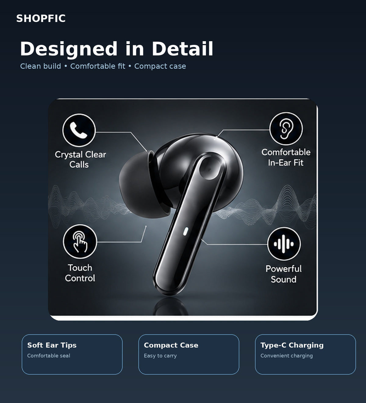 True Wireless Bluetooth Earbuds with Premium Sound, Clear Calling, Touch Control & Charging Case