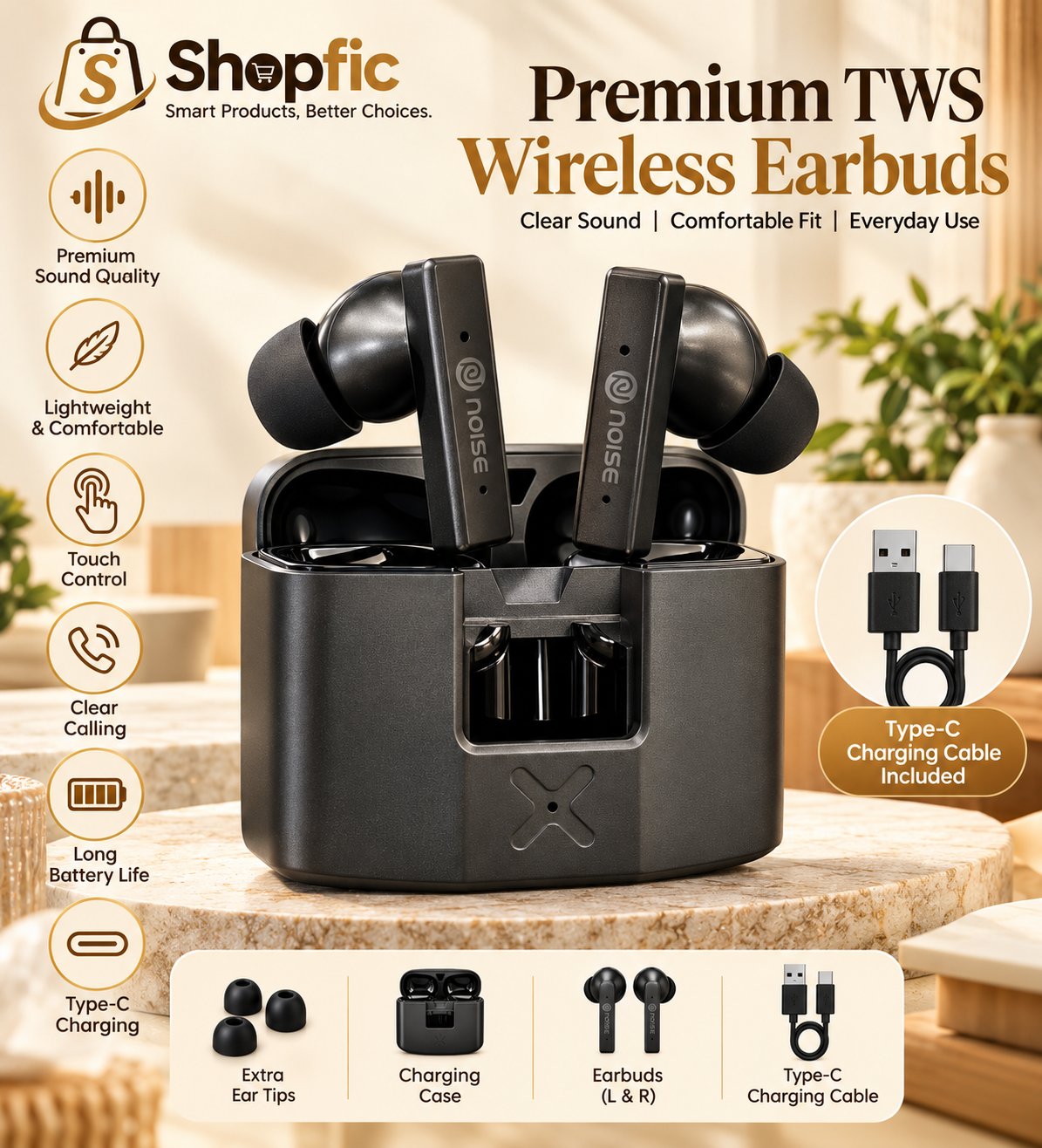 Premium True Wireless Bluetooth Earbuds with Stylish Charging Case | Comfortable In-Ear TWS Earphones for Music, Calls & Daily Use