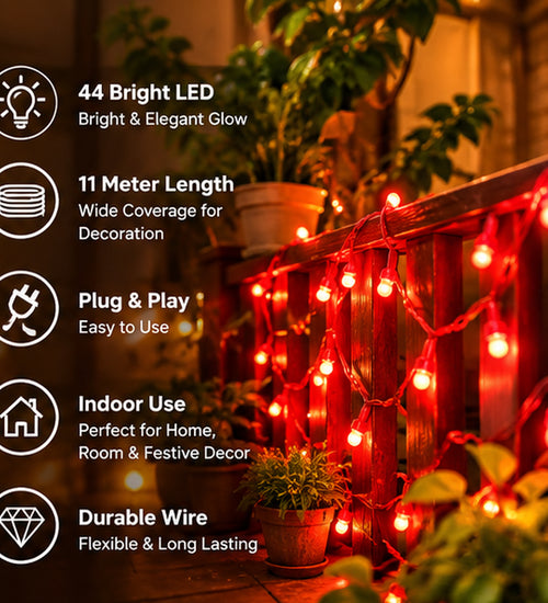 11 Meter 44 LED Red String Light with Red Wire | Plug & Play Decorative Fairy Light for Home, Bedroom, Festival & Party Decor