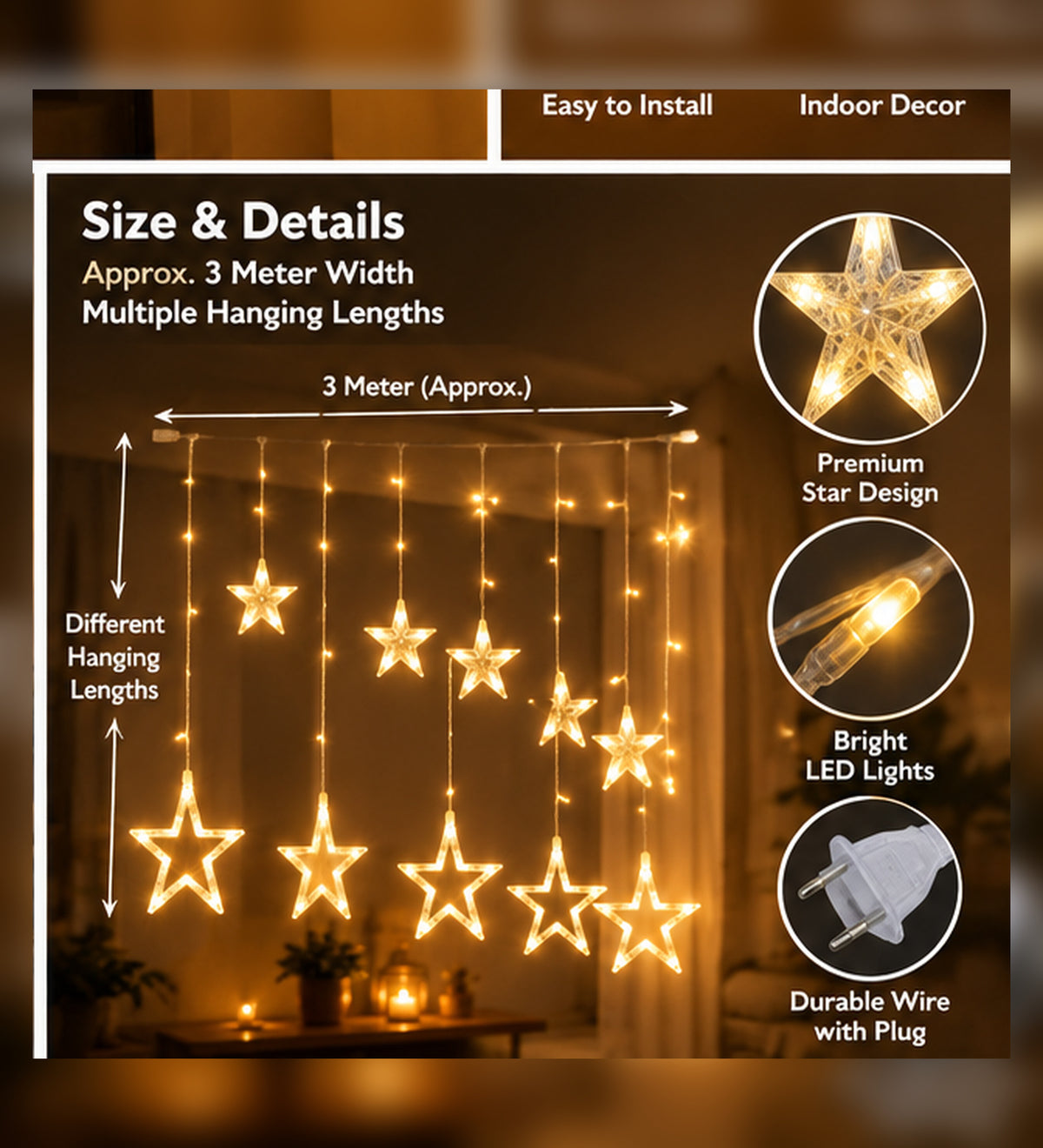 Warm White LED Star Curtain Light | Hanging Decorative Star String Light for Bedroom, Window, Festival, Wedding & Party Decor