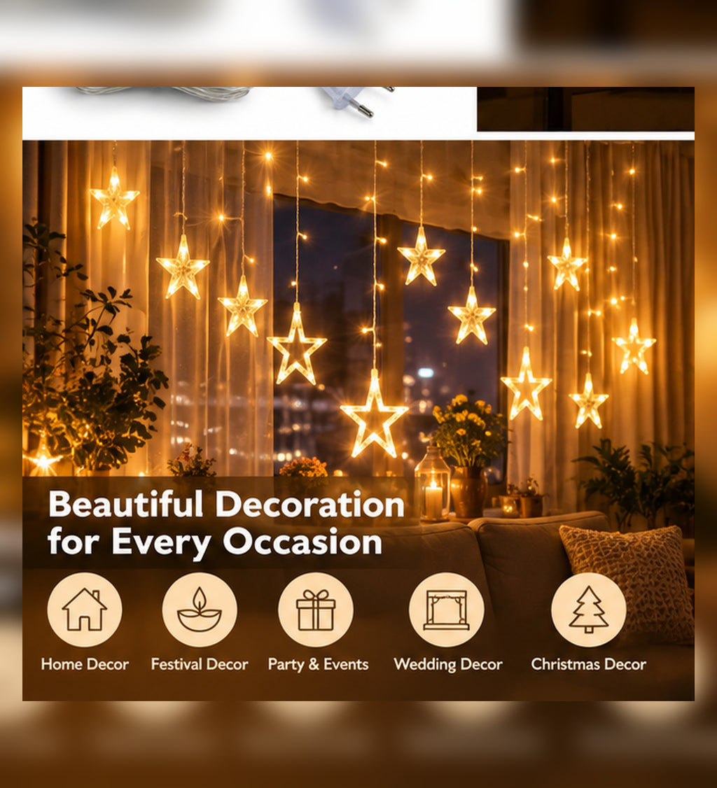 Warm White LED Star Curtain Light | Hanging Decorative Star String Light for Bedroom, Window, Festival, Wedding & Party Decor
