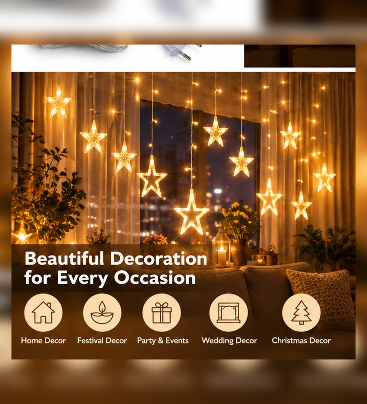 Warm White LED Star Curtain Light | Hanging Decorative Star String Light for Bedroom, Window, Festival, Wedding & Party Decor