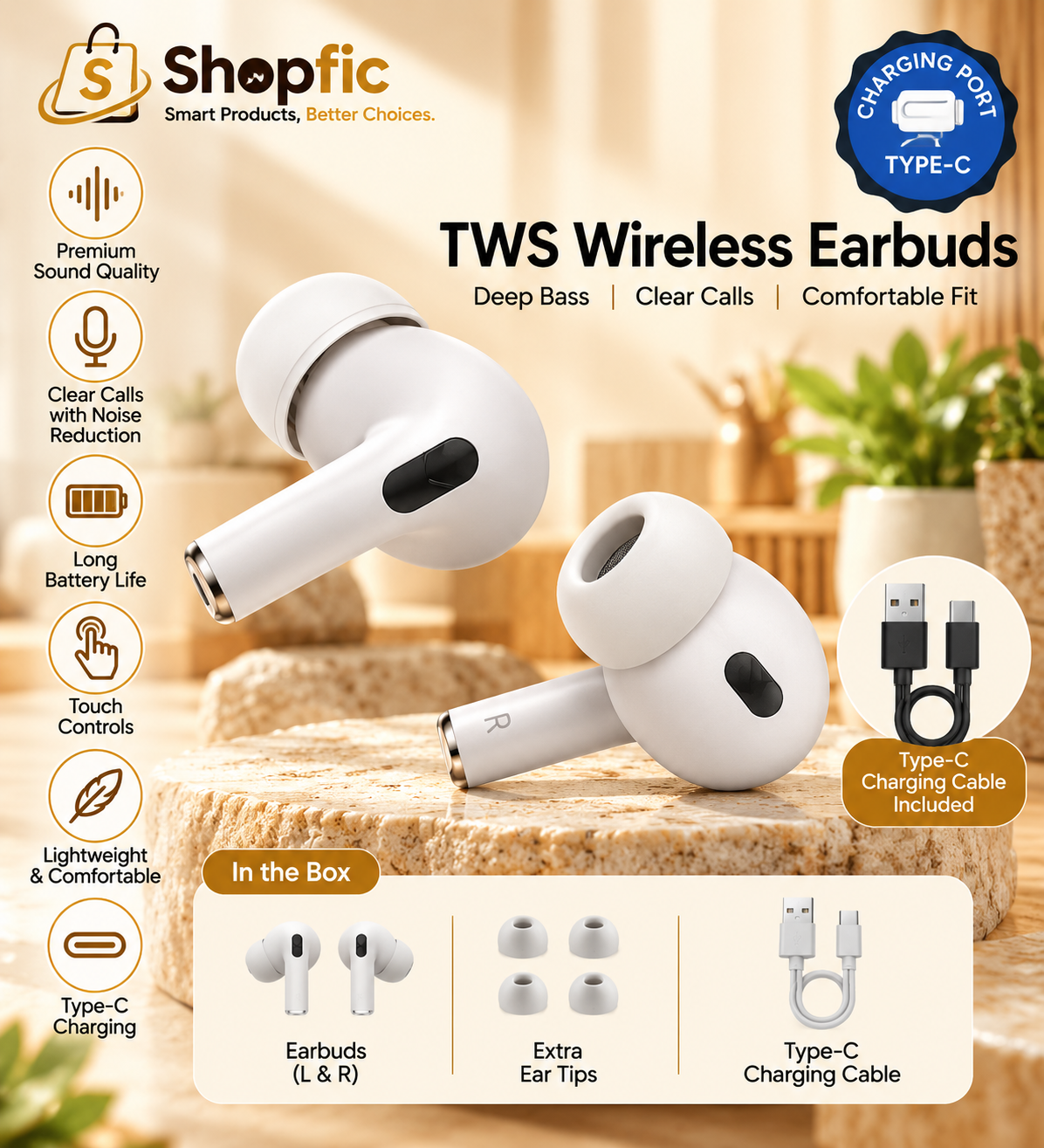 Premium True Wireless Bluetooth Earbuds with Touch Control, Low Latency & Charging Case | TWS Earphones for Music, Calls & Gaming