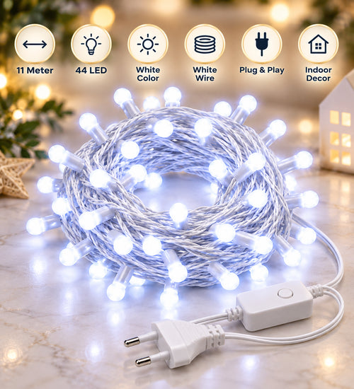 11 Meter 44 LED White String Light with White Wire | Plug & Play Decorative Fairy Light for Bedroom, Home, Festival & Indoor Decor