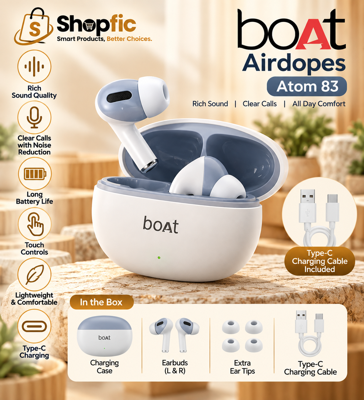 True Wireless Bluetooth Earbuds with Premium Sound, Clear Calling, Touch Control & Charging Case