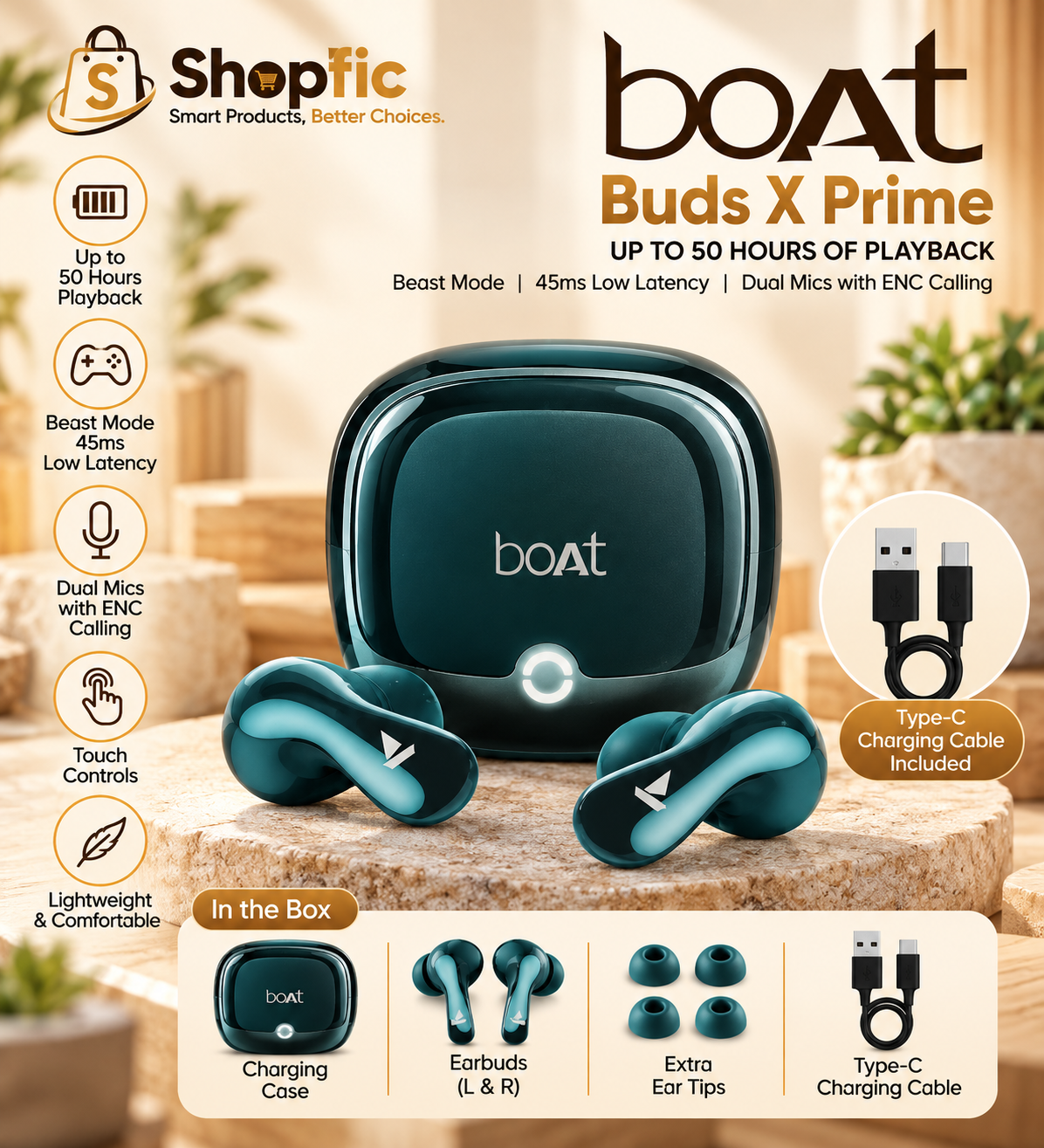 Premium True Wireless Bluetooth Earbuds with Charging Case | 50 Hours Playback, ENC Calling, Low Latency & Touch Controls