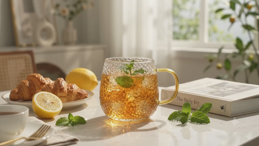 DZK 440 ML Hammered Glass Mug with Elegant Golden Handle